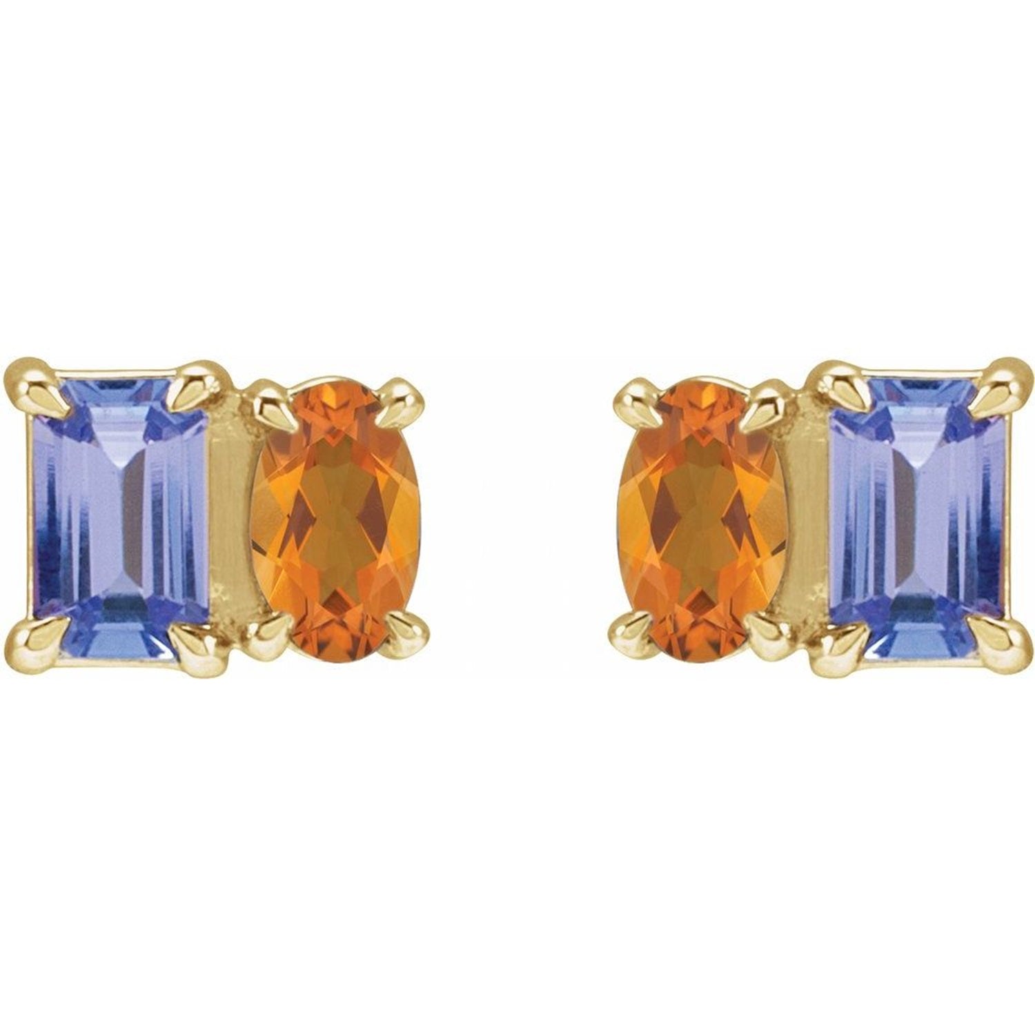 Natural Tanzanite & Natural Citrine 2 Stone Stud Earrings, Birthstone Earrings, Gemstone Earrings