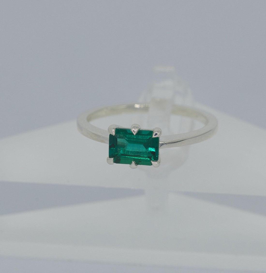 Solitaire Sterling Silver Lab Grown Emerald Ring