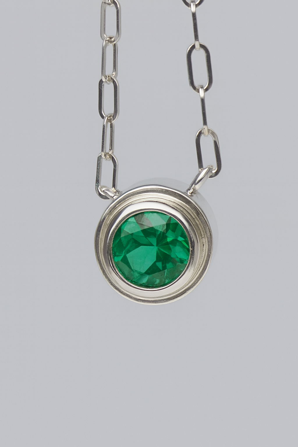 Lab Grown Emerald Silver Necklace, May birthstone Necklace, Bezel Set Gemstone Necklace