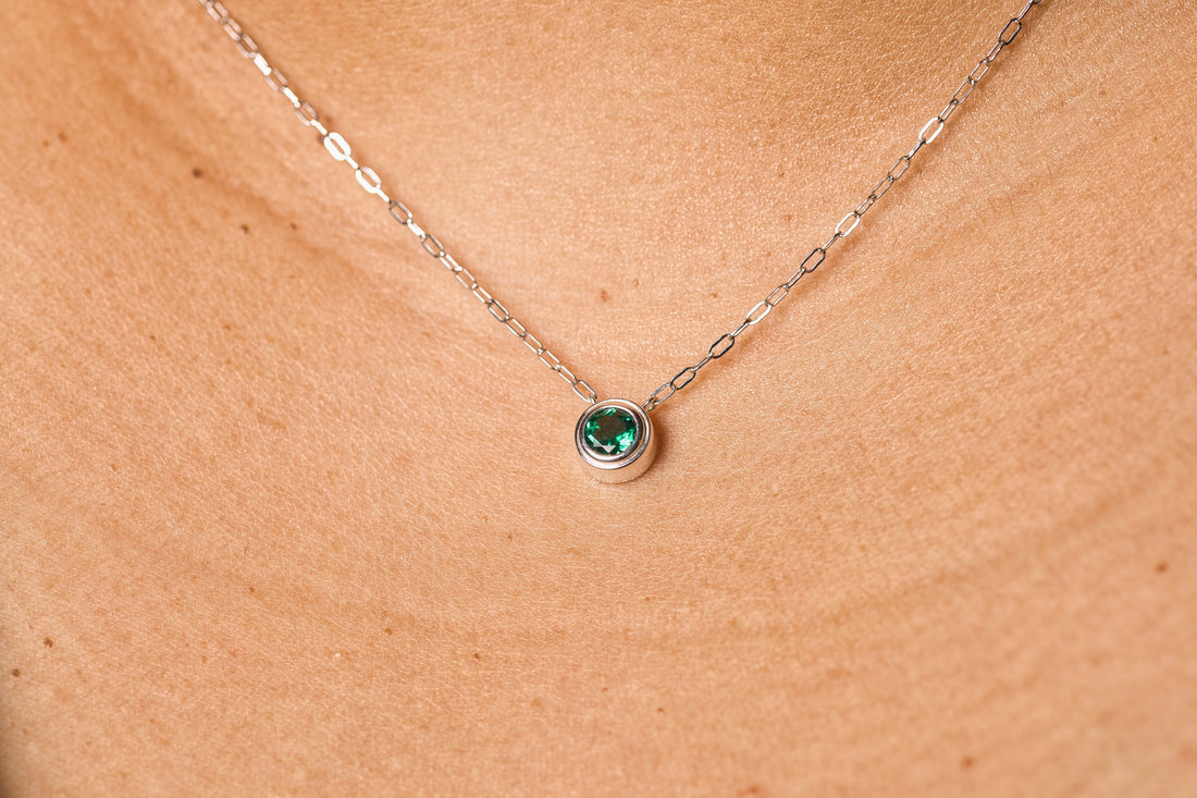 Lab Grown Emerald Silver Necklace, May birthstone Necklace, Bezel Set Gemstone Necklace