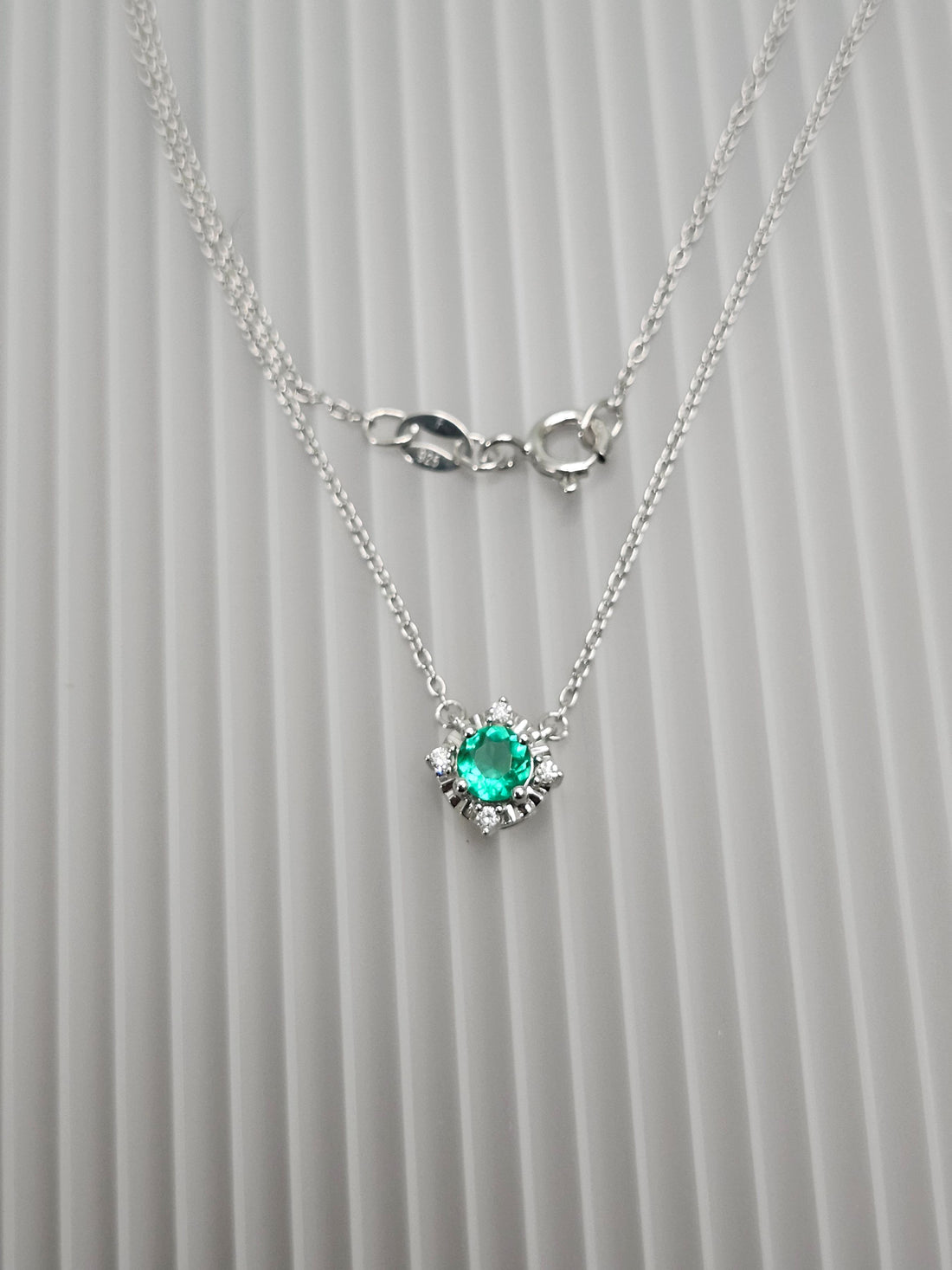 Emerald and diamond silver birthstone necklace, May birthstone