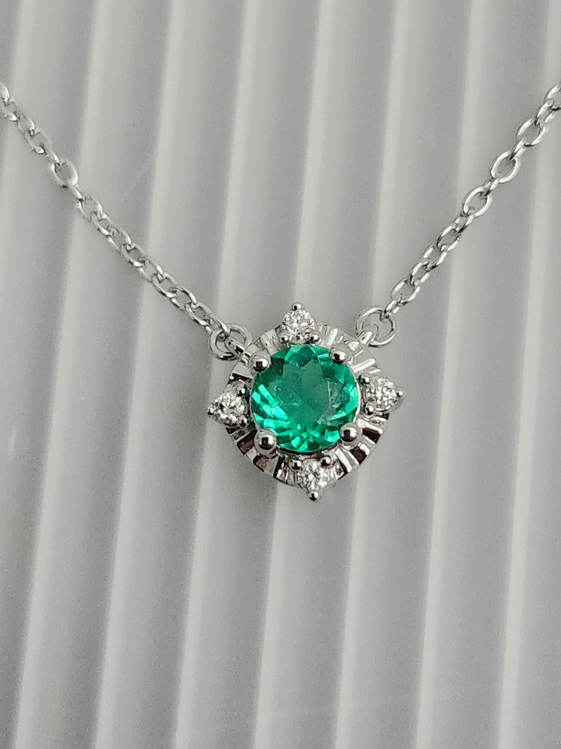 Emerald and diamond silver birthstone necklace, May birthstone