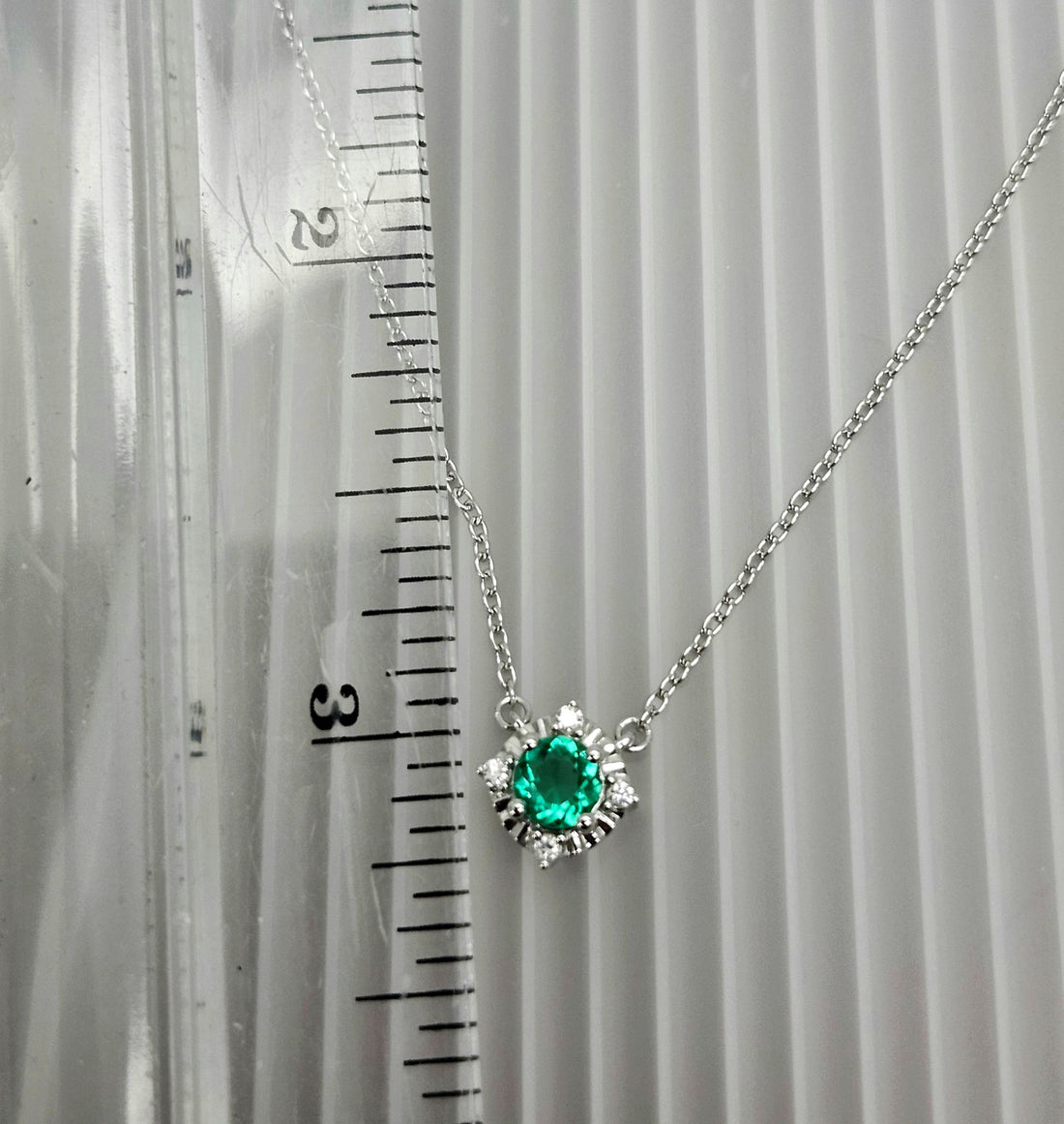 Emerald and diamond silver birthstone necklace, May birthstone