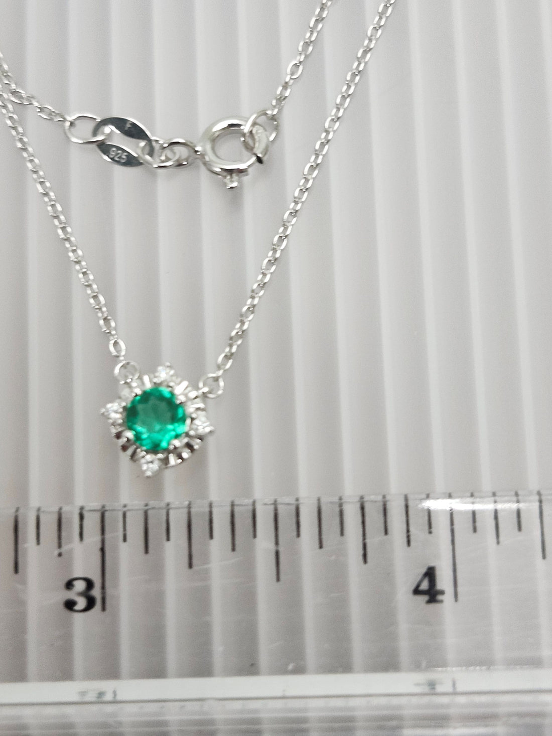 Emerald and diamond silver birthstone necklace, May birthstone