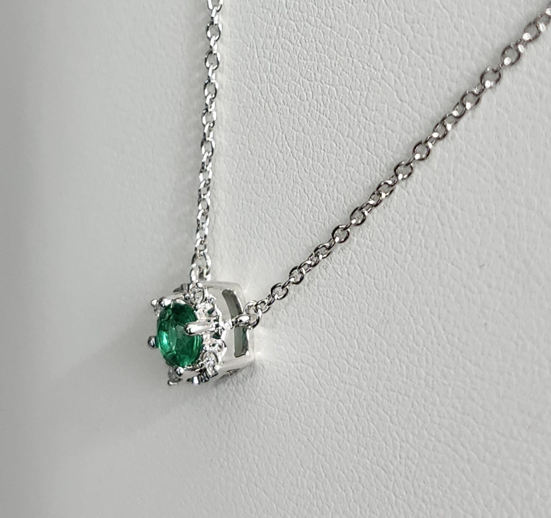 Emerald and diamond silver birthstone necklace, May birthstone