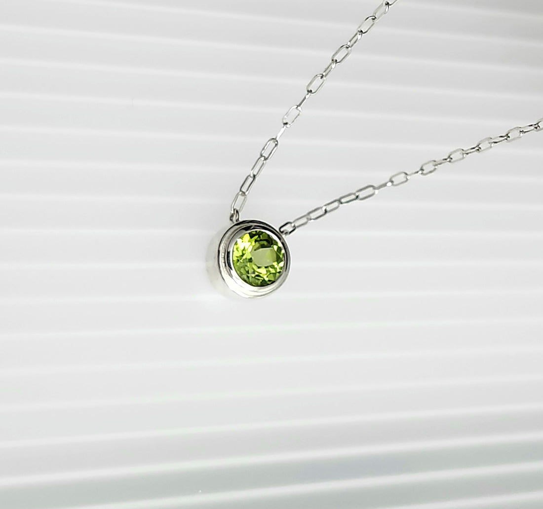 Natural Peridot Silver Birthstone Necklace, August Birthstone, Gemstone Bezel Necklace