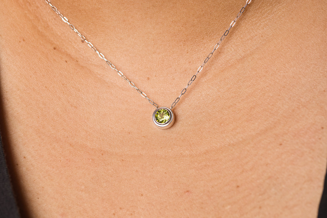 Natural Peridot Silver Necklace, August Birthstone, Gemstone Bezel Necklace
