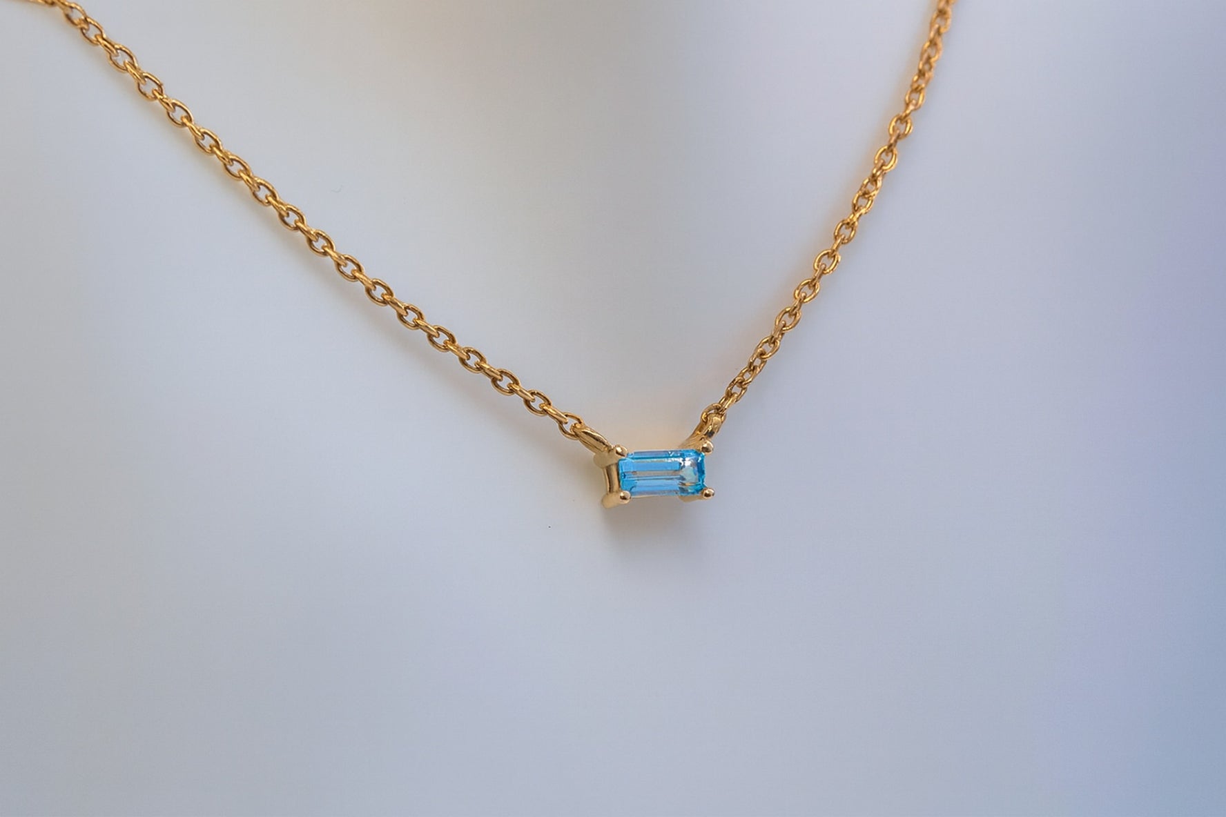 14K Yellow Gold Natural Swiss Blue Topaz Baguette Cut Solitaire Necklace
