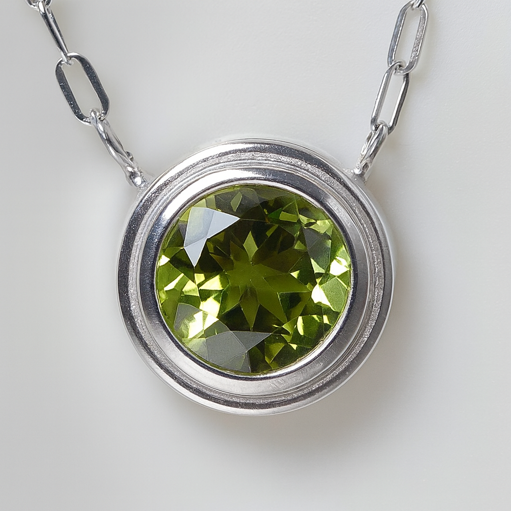 Natural Peridot Silver Necklace, August Birthstone, Gemstone Bezel Necklace