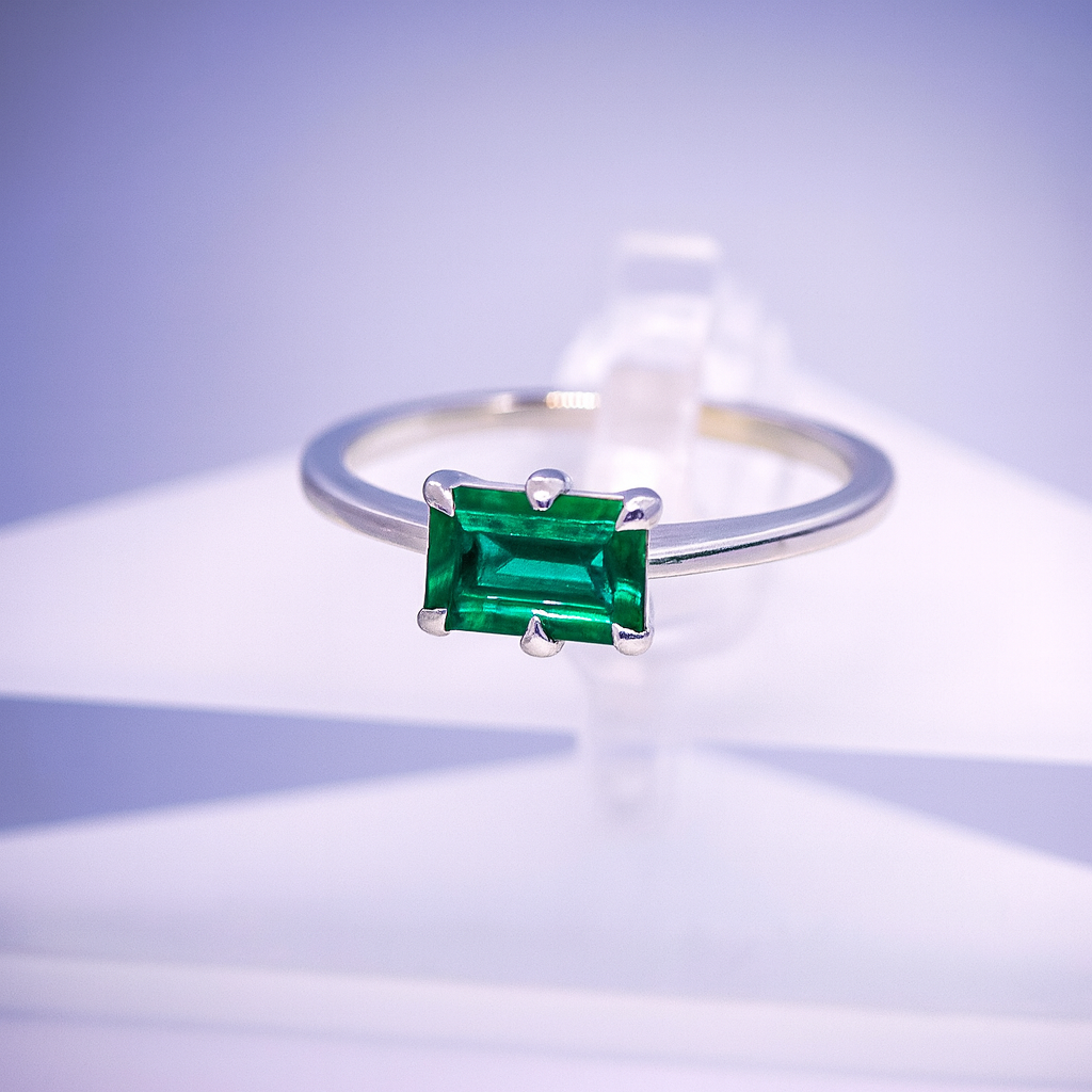Solitaire Sterling Silver Lab Grown Emerald Ring