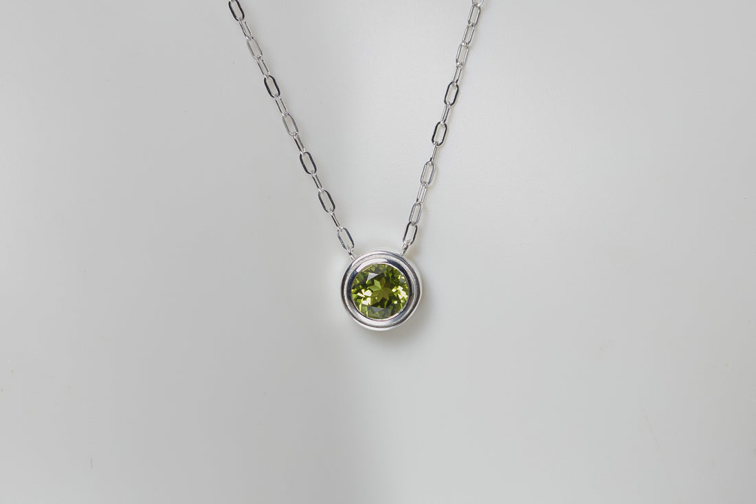 Natural Peridot Silver Necklace, August Birthstone, Gemstone Bezel Necklace