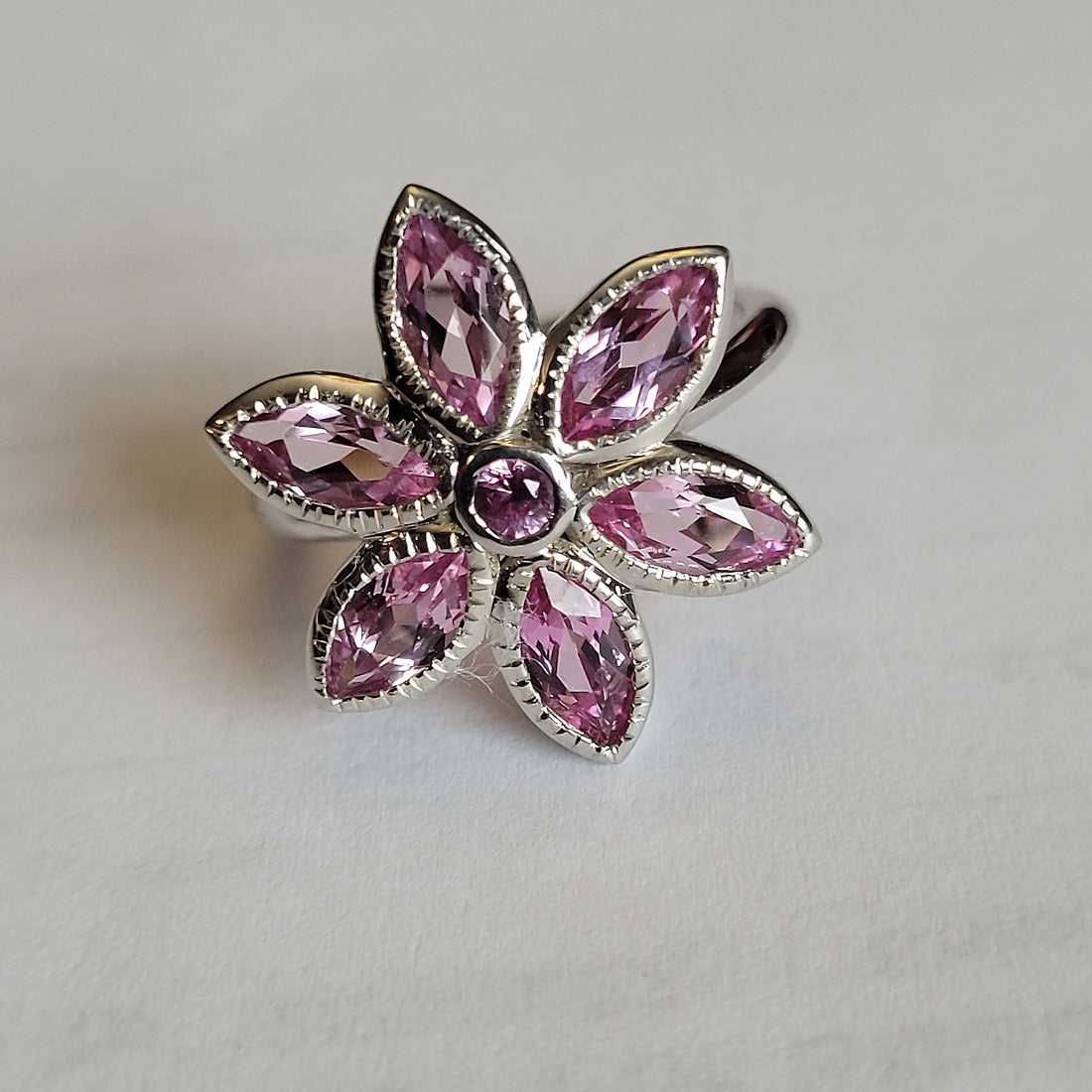 White Gold Pink Tourmaline Birth Flower Ring, Floral Statement Ring