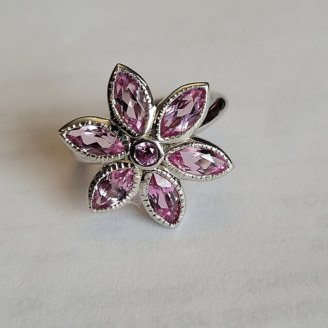 White Gold Pink Tourmaline Birth Flower Ring, Floral Statement Ring