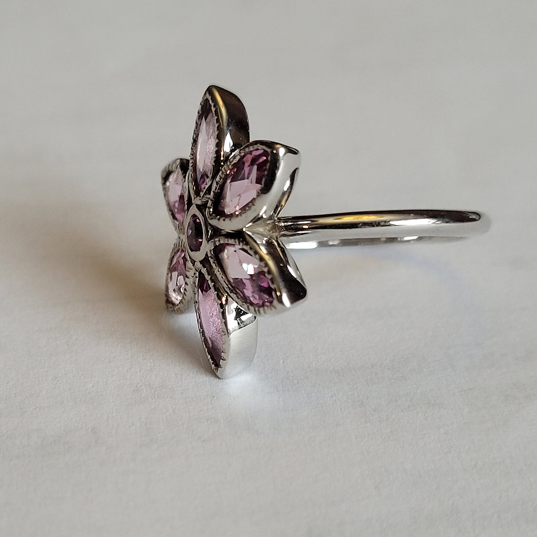 White Gold Pink Tourmaline Birth Flower Ring, Floral Statement Ring