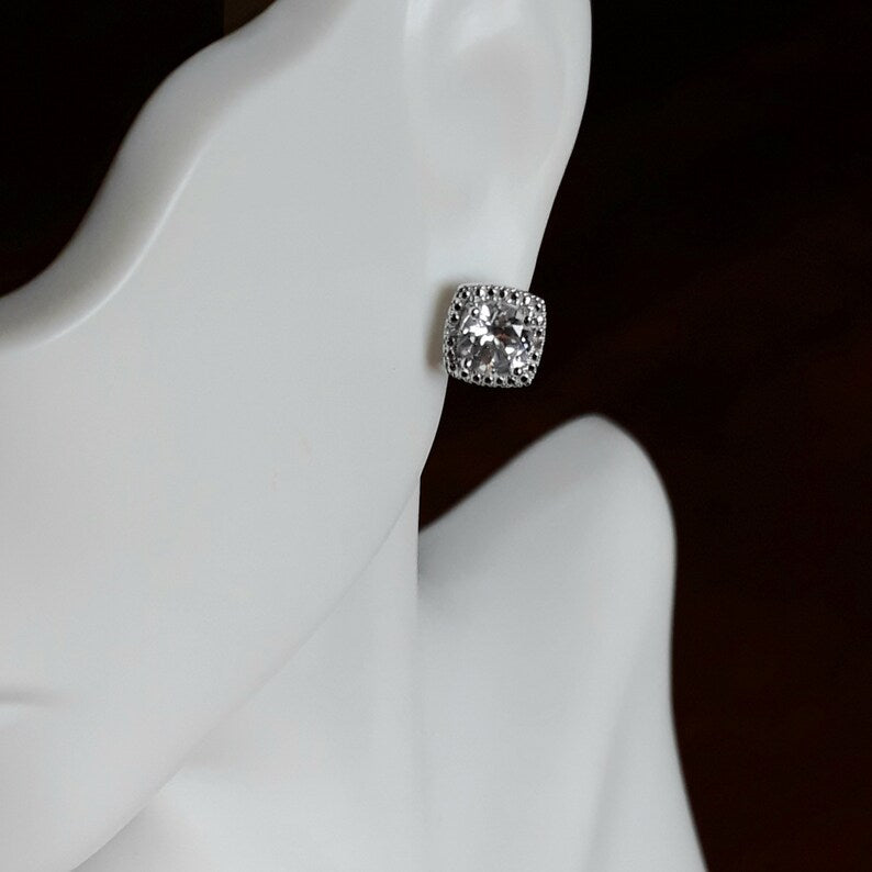 White Sapphire Sterling Silver Halo Stud Earrings