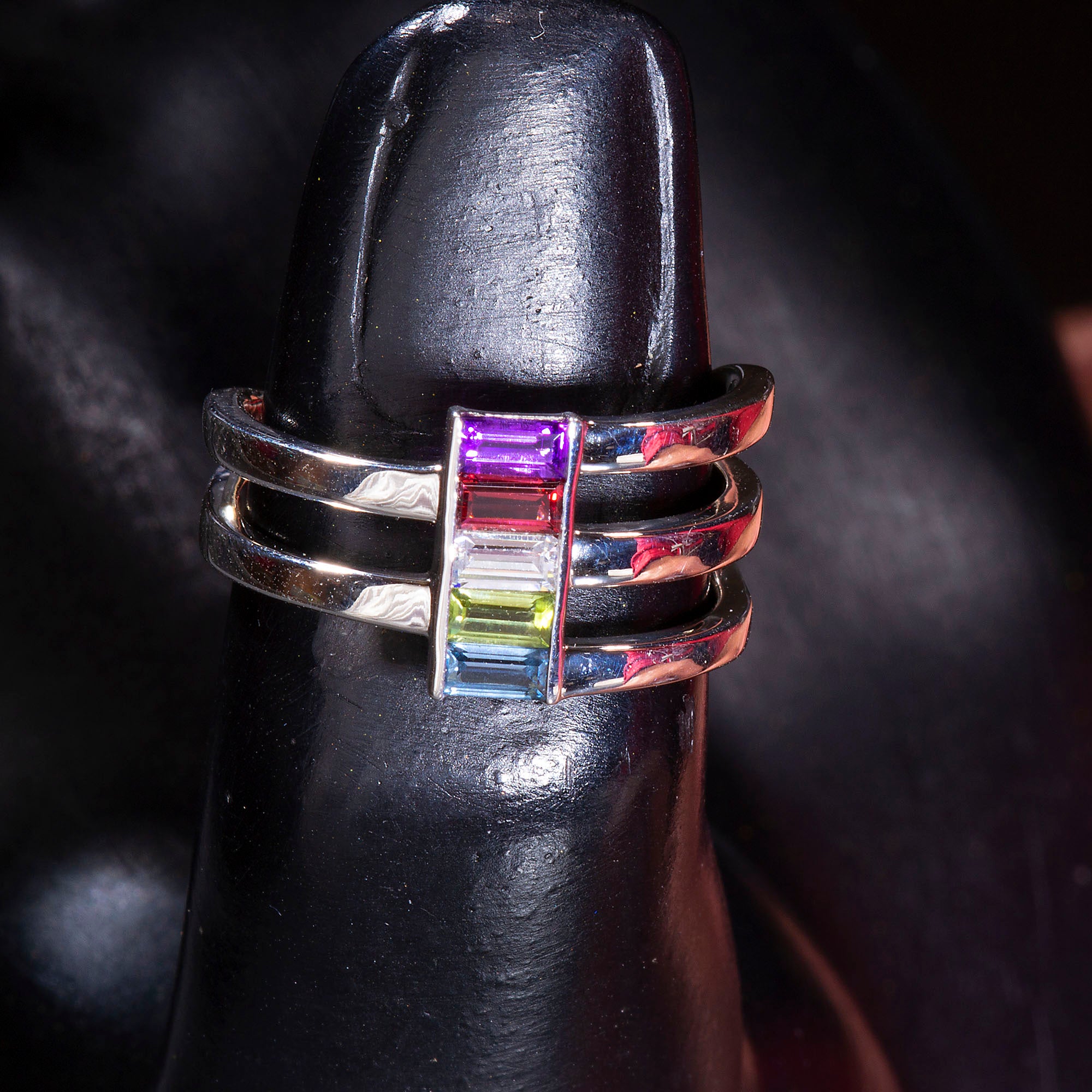 Silver Multi-Gemstone Baguette Ring, Unique Mothers Ring 5 Stone, Family Birthstone Ring