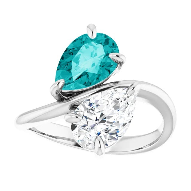 Two Stone Pear Moissanite Engagement Ring, Toi et Moi Ring