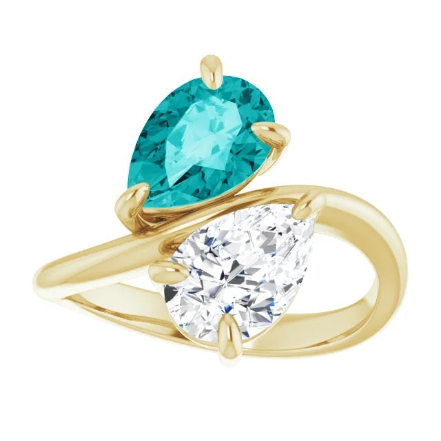 Two Stone Pear Moissanite Engagement Ring, Toi et Moi Ring