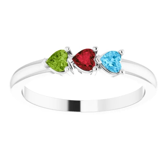 Silver Heart Shape Gemstone Mothers Ring, Family Birthstone Ring