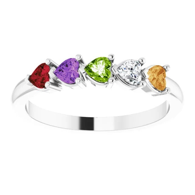 14k Gold Heart Shape Multi-Gemstone Mothers Ring, Family Birthstone Ring