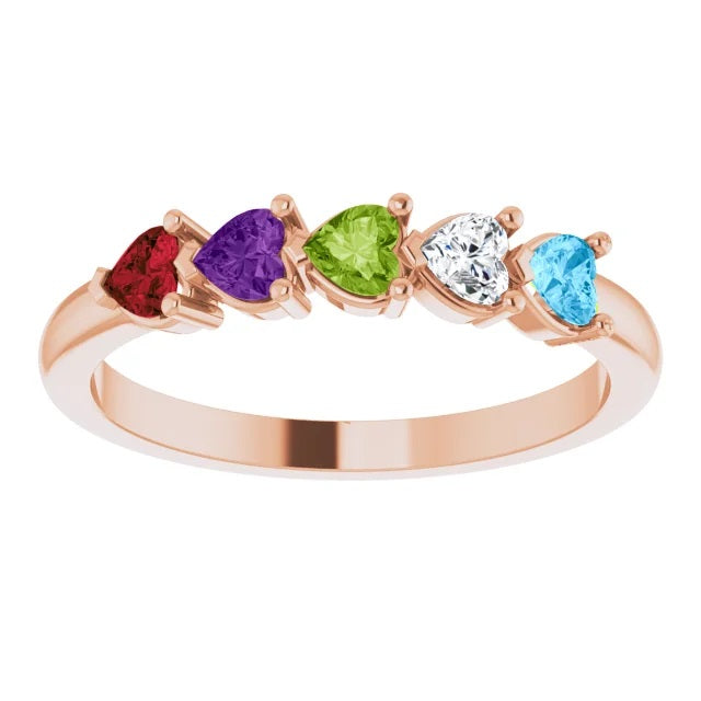 14k Gold Heart Shape Multi-Gemstone Mothers Ring, Family Birthstone Ring