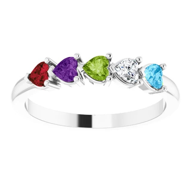 Silver Heart Shape Gemstone Mothers Ring, Family Birthstone Ring