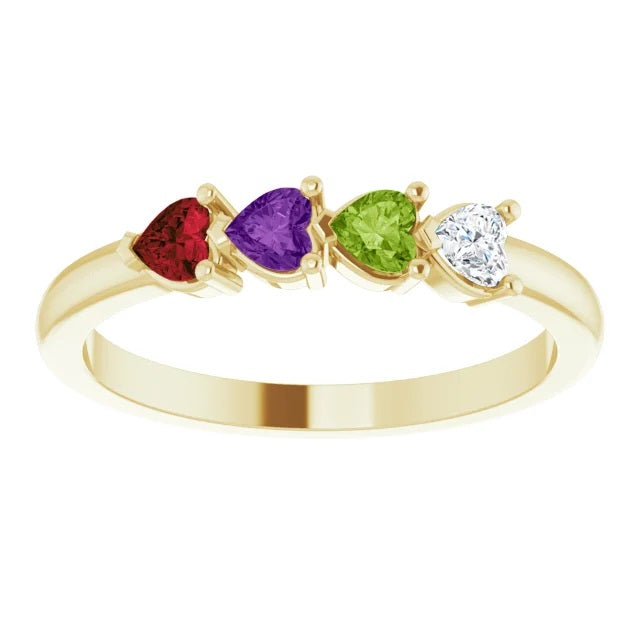14k Gold Heart Shape Multi-Gemstone Mothers Ring, Family Birthstone Ring