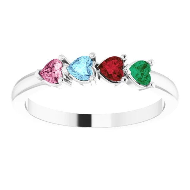 Silver Heart Shape Gemstone Mothers Ring, Family Birthstone Ring