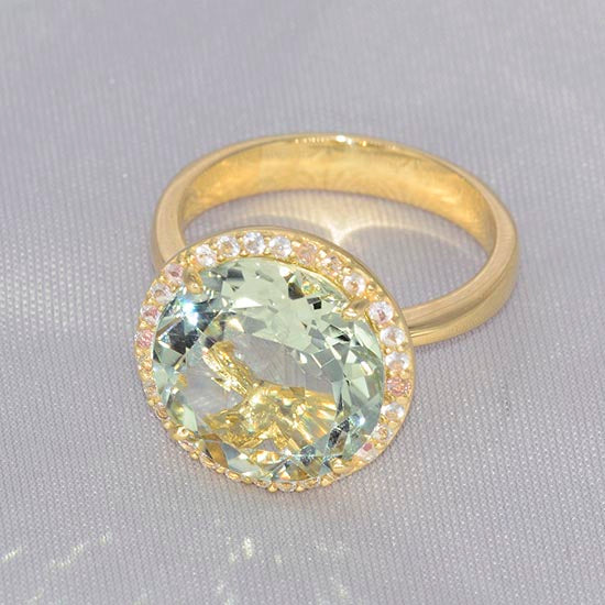 Prasiolite-Green Amethyst & White Topaz 6 Carats Halo Statement Ring