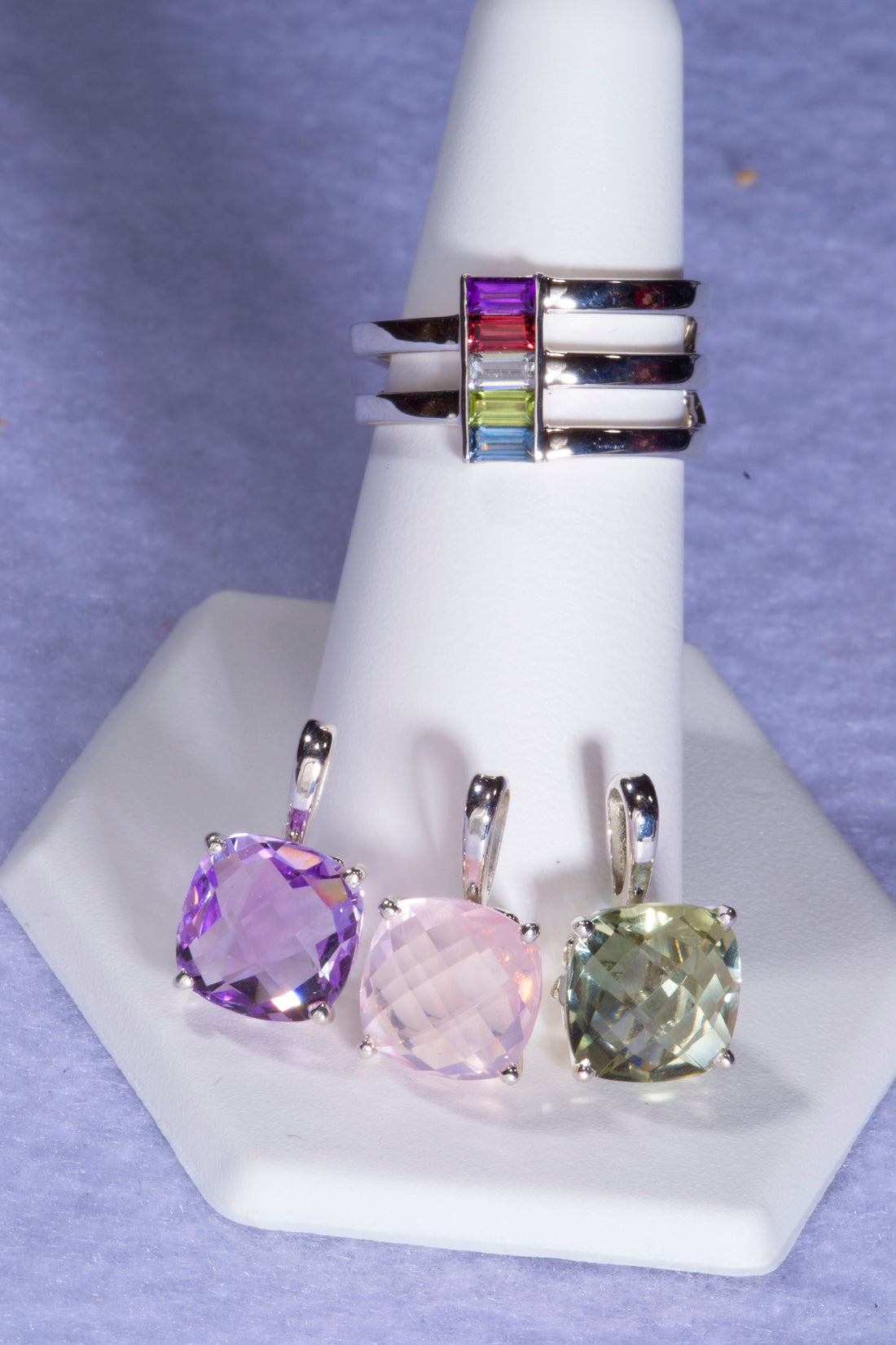 Silver Multi-Gemstone Baguette Ring, Unique Mothers Ring 5 Stone, Family Birthstone Ring