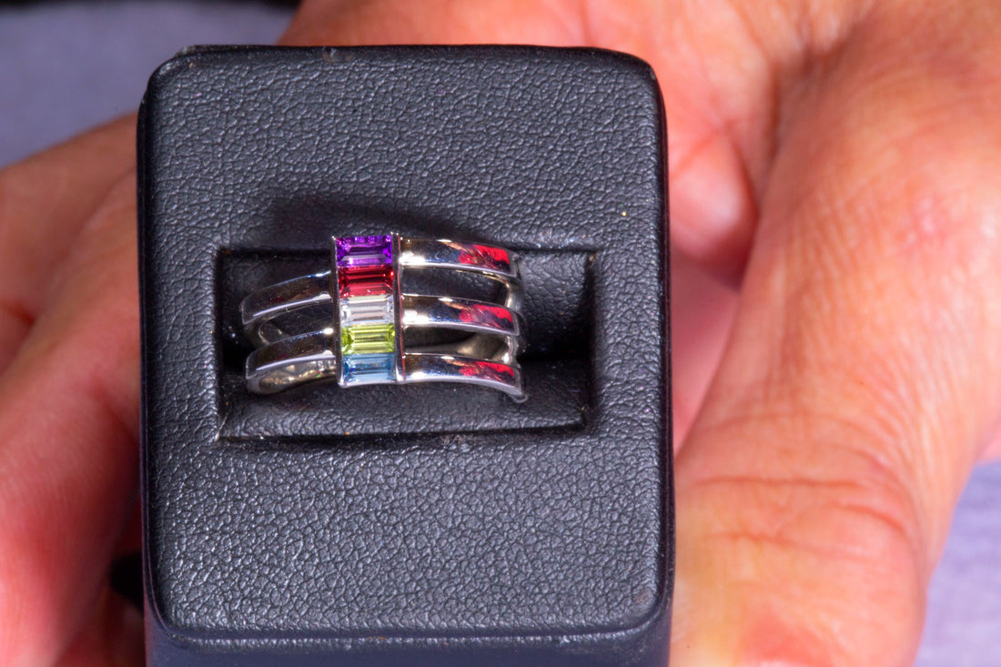Silver Multi-Gemstone Baguette Ring, Unique Mothers Ring 5 Stone, Family Birthstone Ring