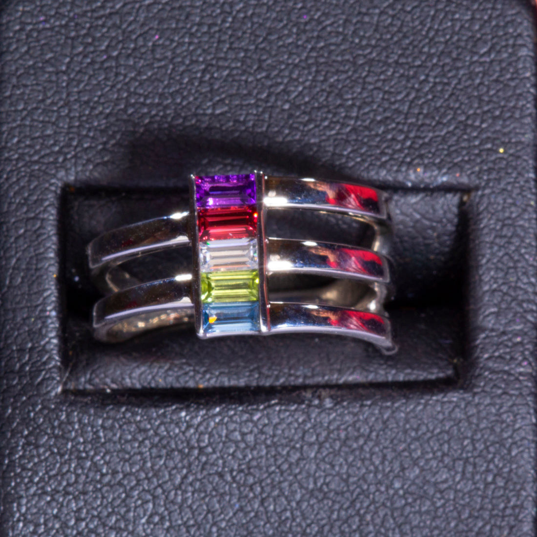 Silver Multi-Gemstone Baguette Ring, Unique Mothers Ring 5 Stone, Family Birthstone Ring