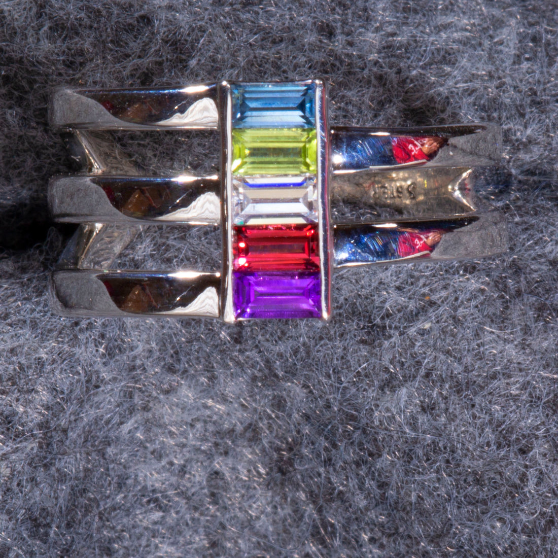 Silver Multi-Gemstone Baguette Ring, Unique Mothers Ring 5 Stone, Family Birthstone Ring