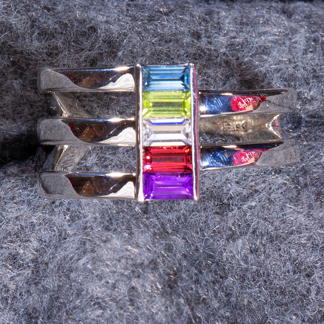 Silver Multi-Gemstone Baguette Ring, Unique Mothers Ring 5 Stone, Family Birthstone Ring