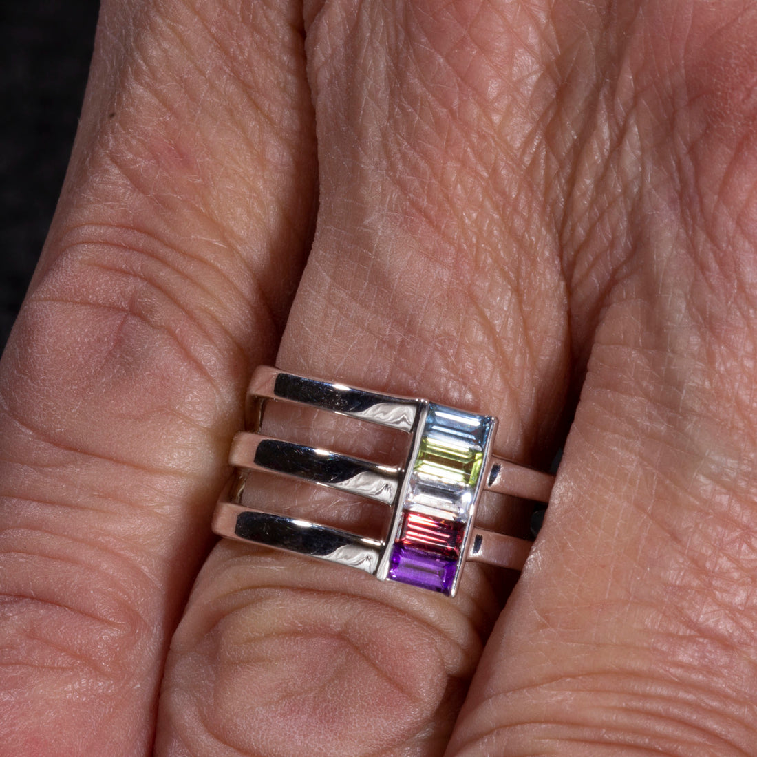 Silver Multi-Gemstone Baguette Ring, Unique Mothers Ring 5 Stone, Family Birthstone Ring