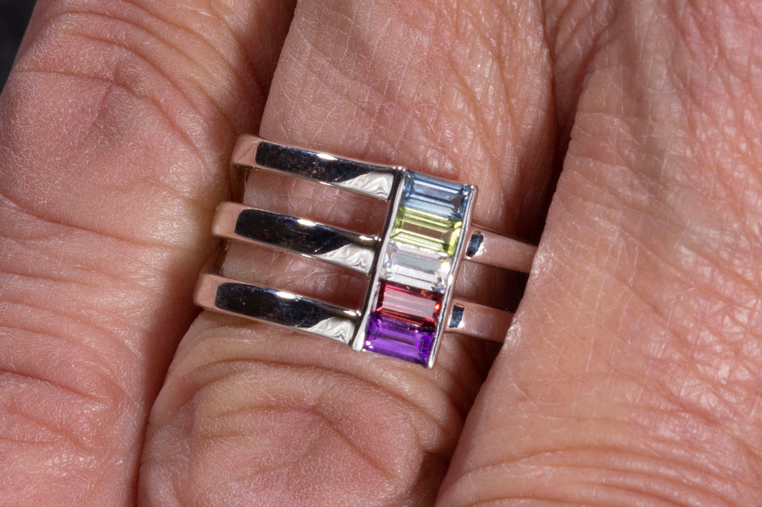 Silver Multi-Gemstone Baguette Ring, Unique Mothers Ring 5 Stone, Family Birthstone Ring