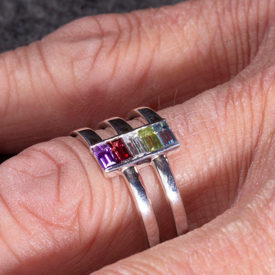 Silver Multi-Gemstone Baguette Ring, Unique Mothers Ring 5 Stone, Family Birthstone Ring