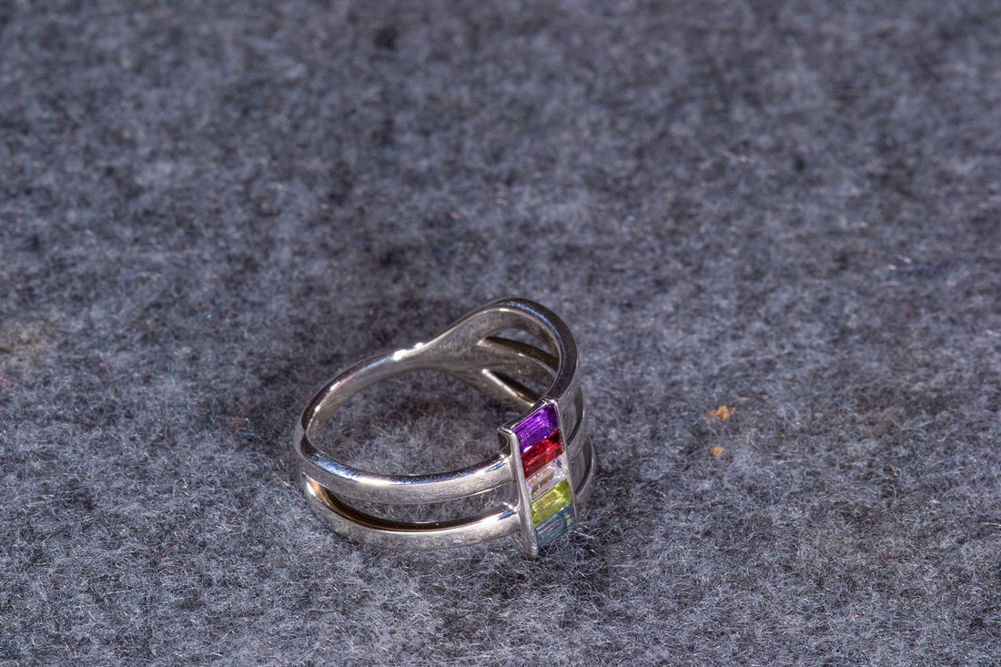 Silver Multi-Gemstone Baguette Ring, Unique Mothers Ring 5 Stone, Family Birthstone Ring