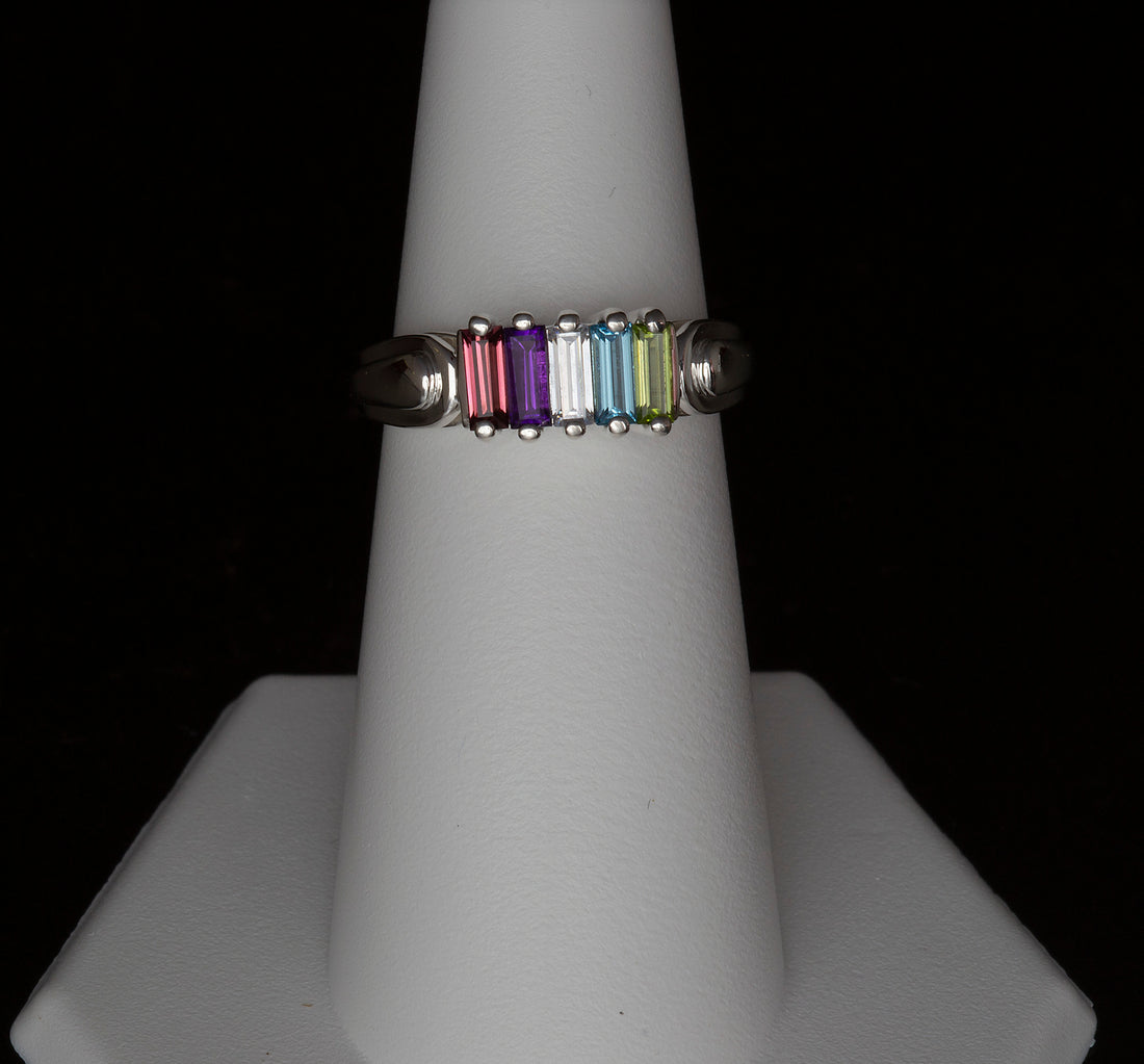 Silver Baguette Birthstone Ring, Unique Mothers Ring 5 Stone, Meaningful gift for her