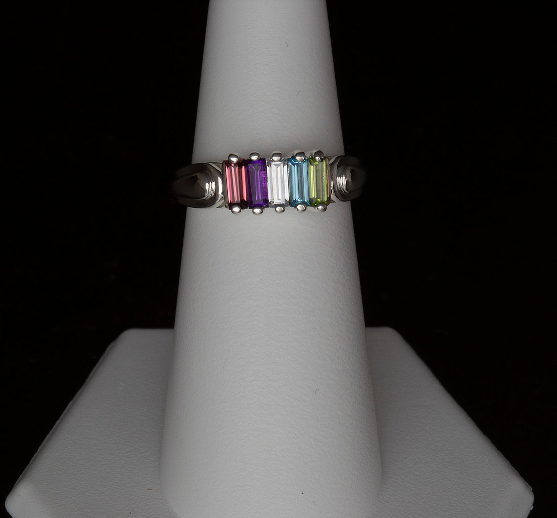 14k Gold Baguette Ring, Unique Mothers Ring 5 Stone, Meaningful gift for her