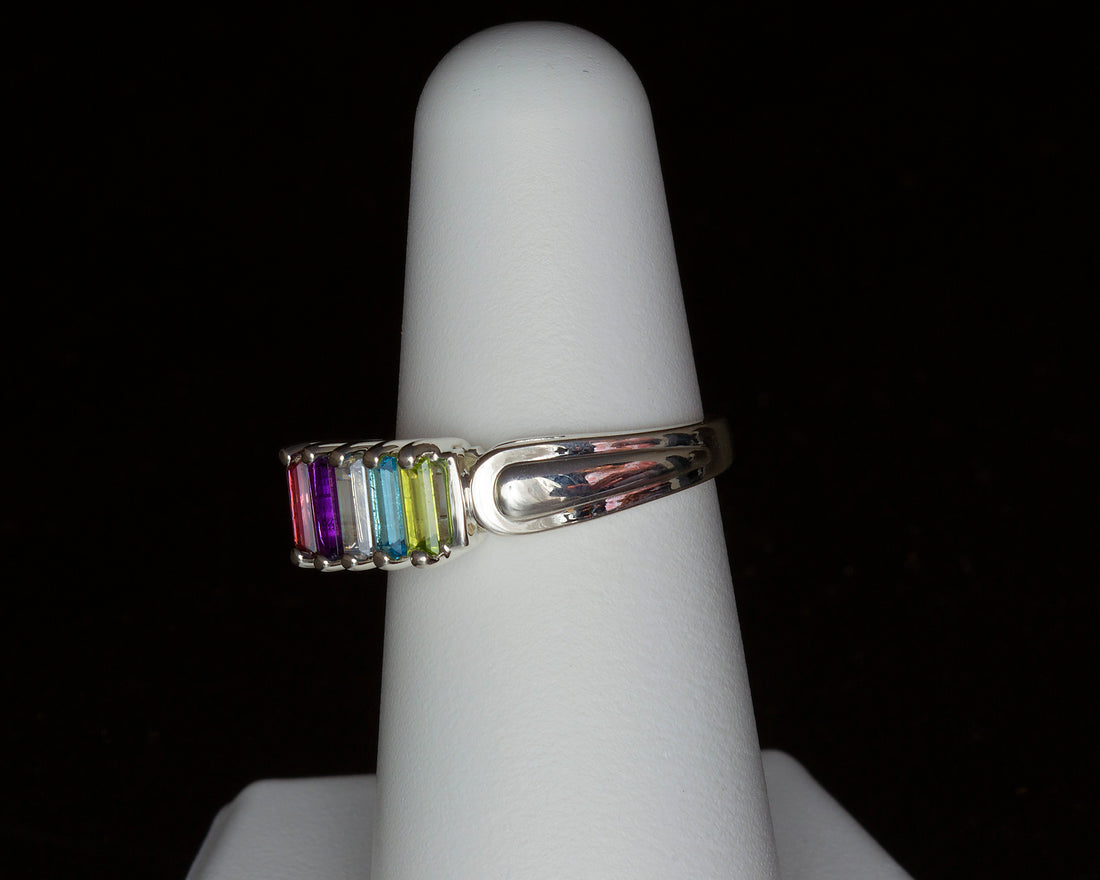 Silver Baguette Birthstone Ring, Unique Mothers Ring 5 Stone, Meaningful gift for her