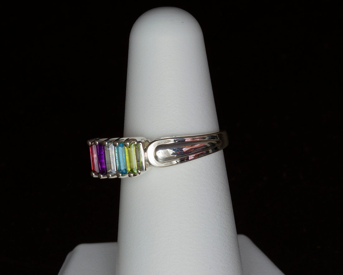 14k Gold Baguette Ring, Unique Mothers Ring 5 Stone, Meaningful gift for her
