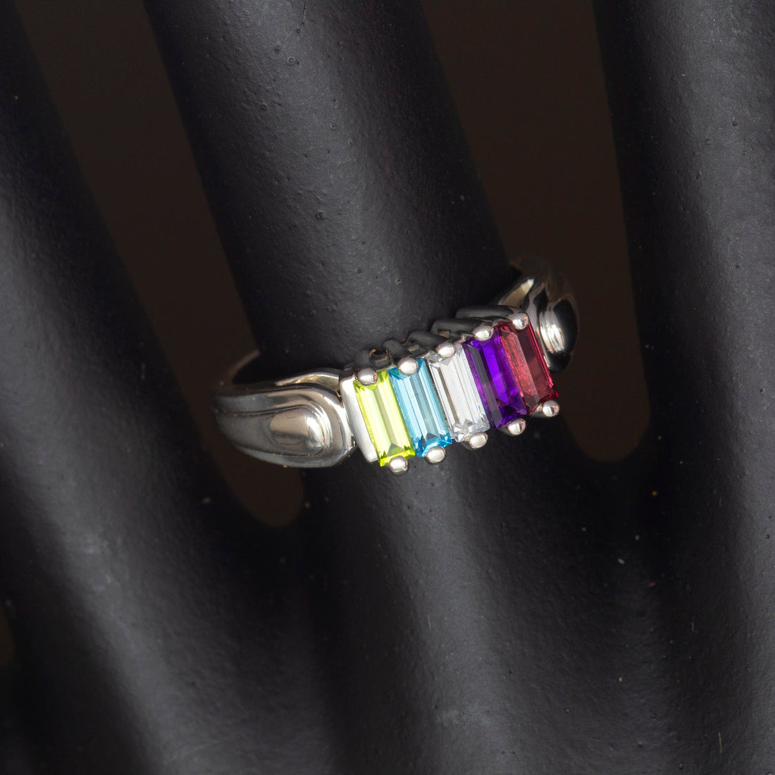 14k Gold Baguette Ring, Unique Mothers Ring 5 Stone, Meaningful gift for her