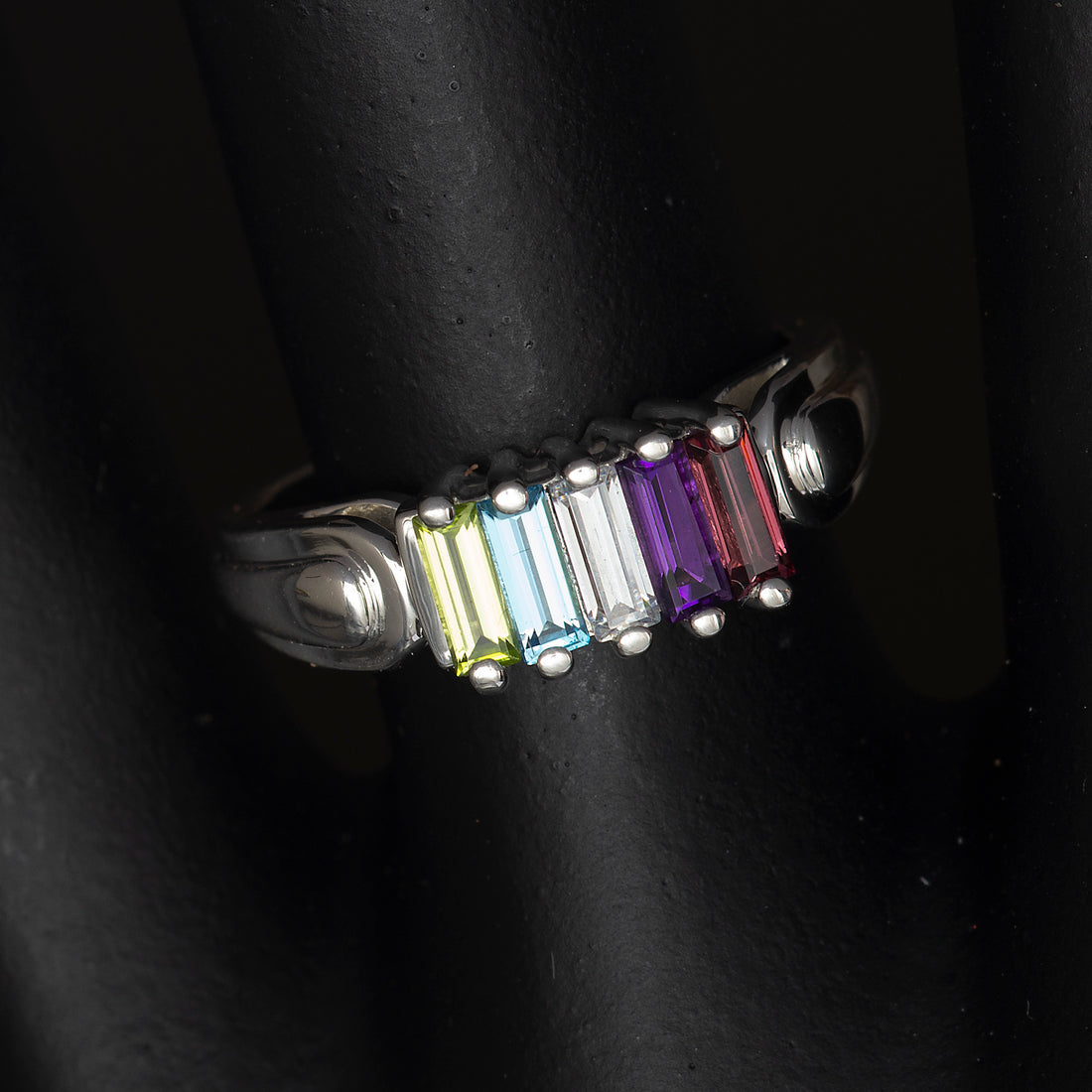 Silver Baguette Birthstone Ring, Unique Mothers Ring 5 Stone, Meaningful gift for her