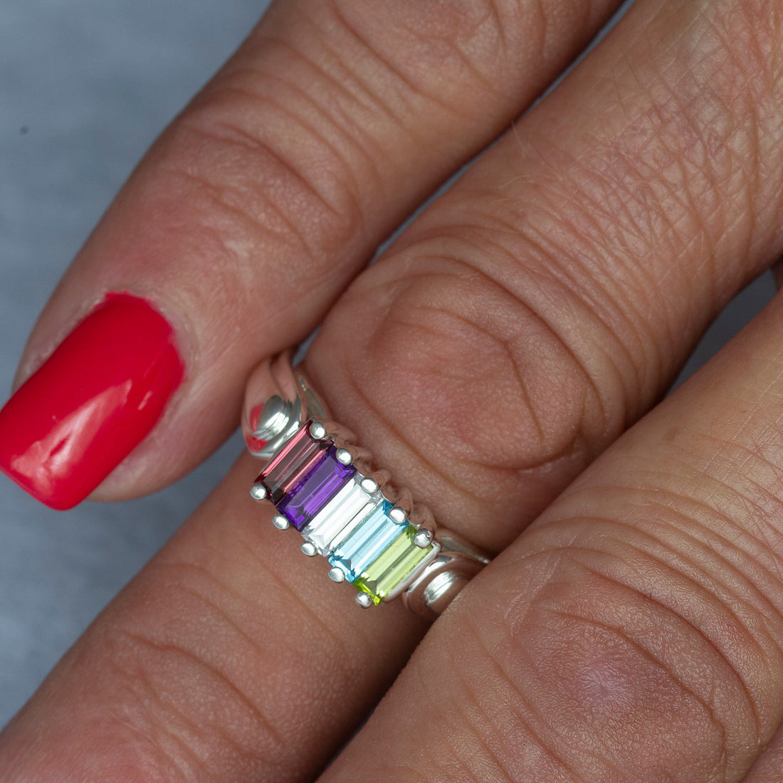 14k Gold Baguette Ring, Unique Mothers Ring 5 Stone, Meaningful gift for her