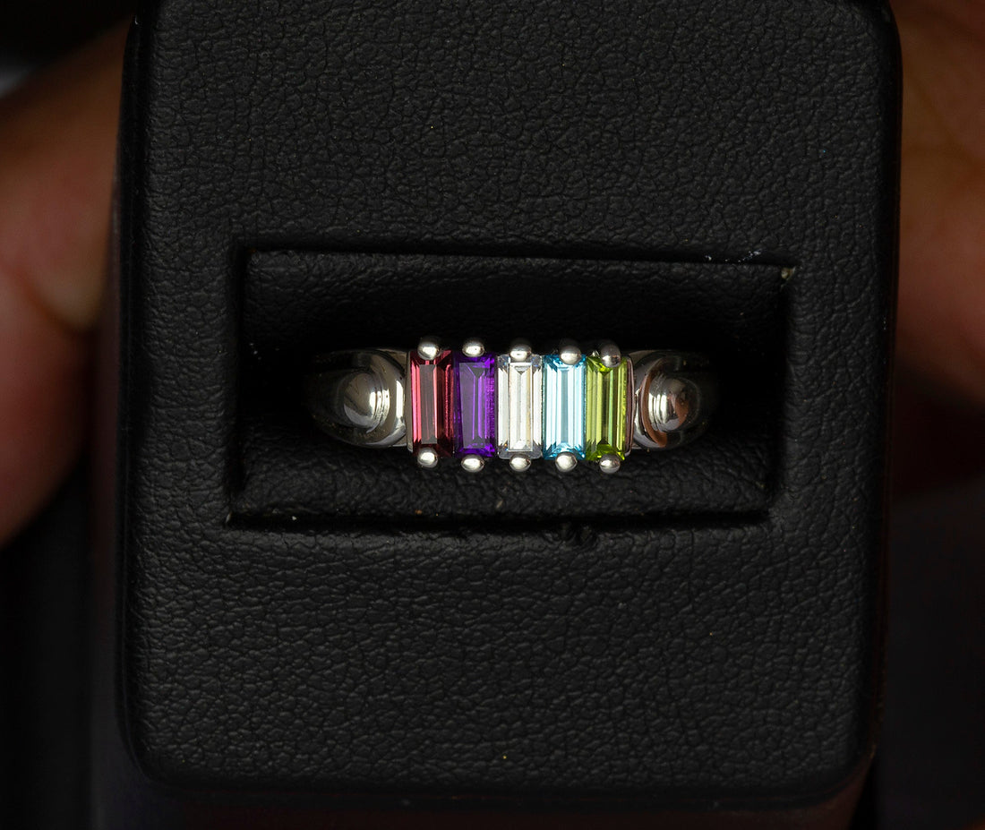 14k Gold Baguette Ring, Unique Mothers Ring 5 Stone, Meaningful gift for her