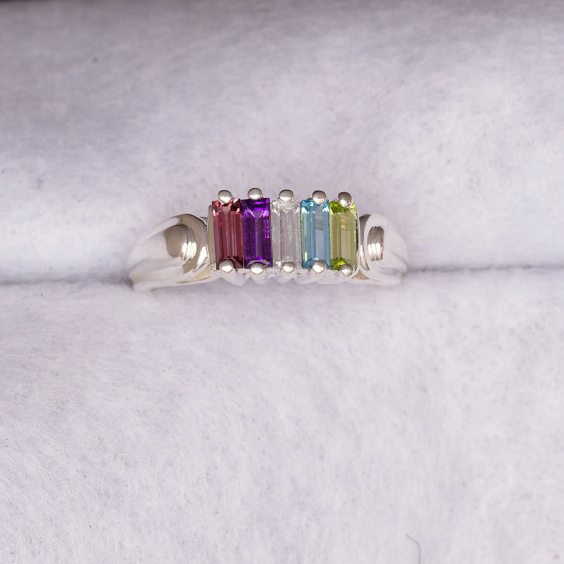 14k Gold Baguette Ring, Unique Mothers Ring 5 Stone, Meaningful gift for her