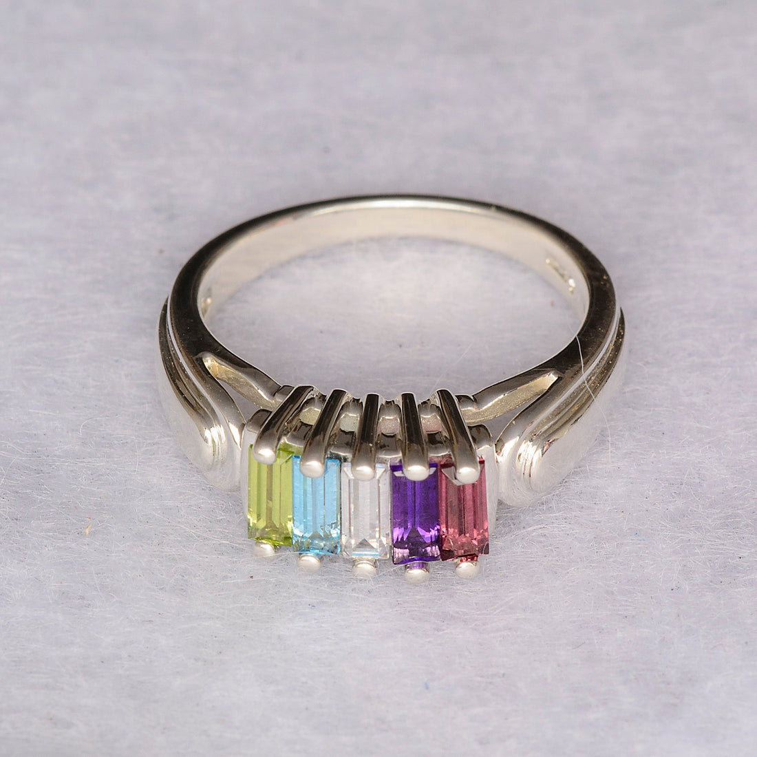 14k Gold Baguette Ring, Unique Mothers Ring 5 Stone, Meaningful gift for her