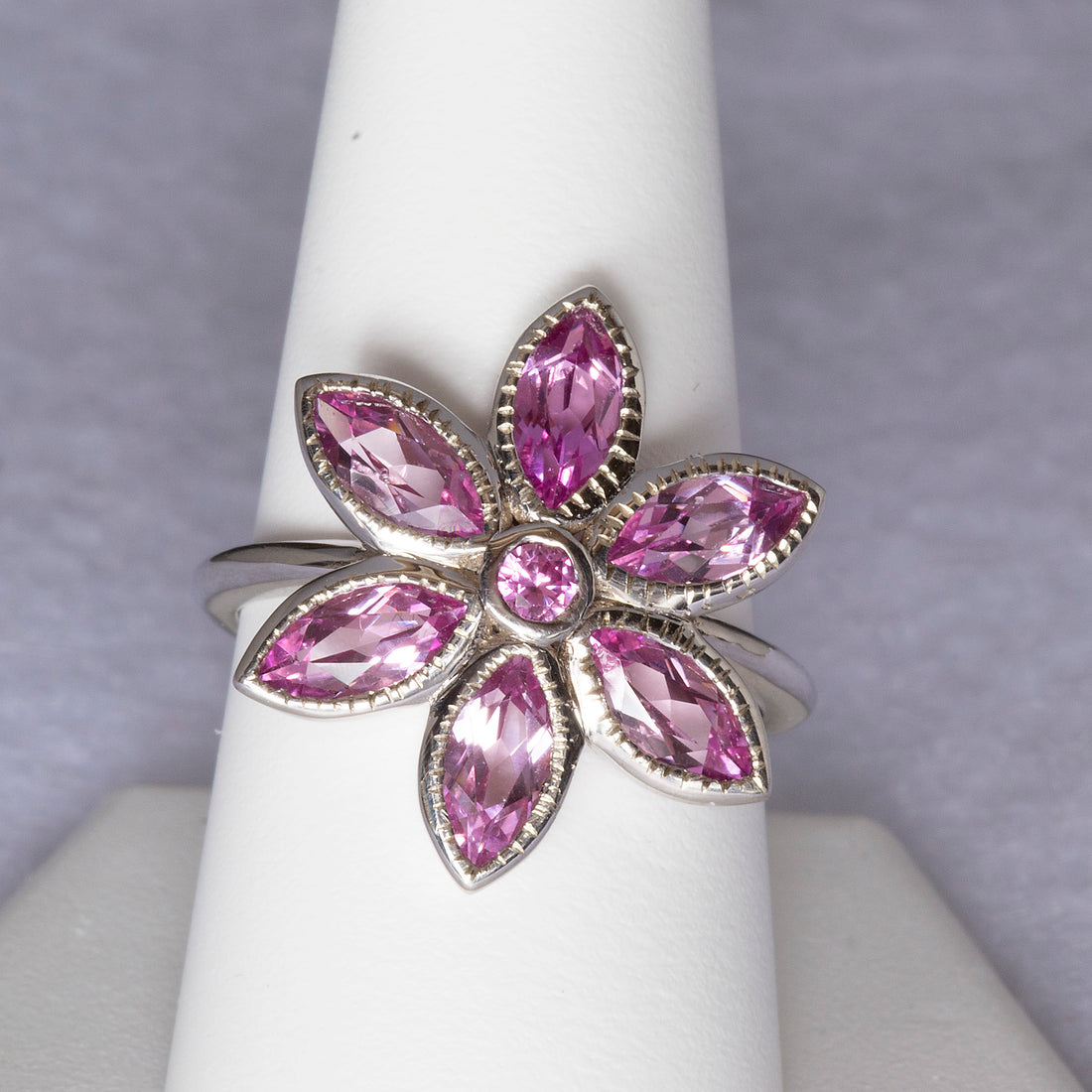 White Gold Pink Tourmaline Birth Flower Ring, Floral Statement Ring