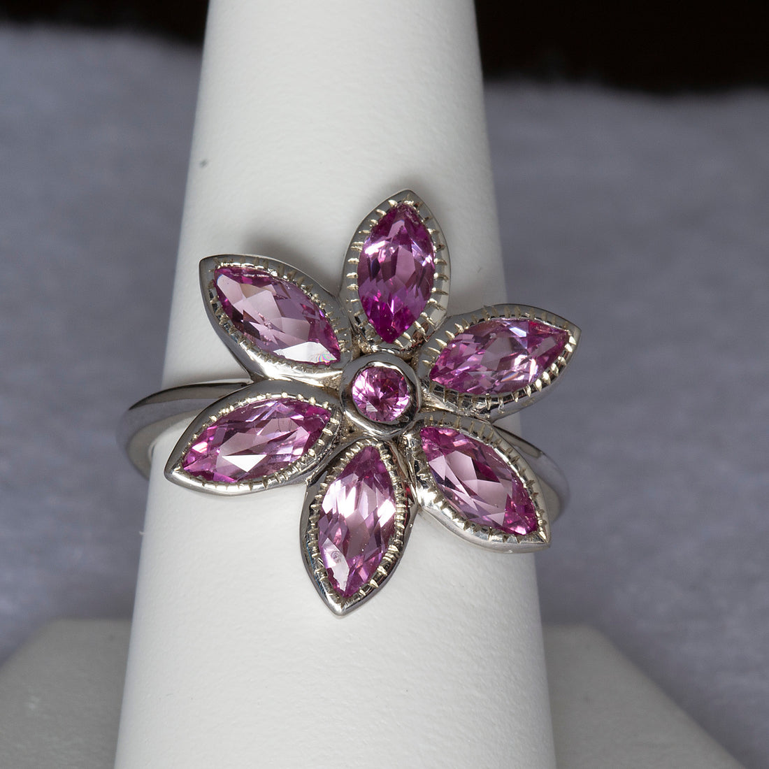 White Gold Pink Tourmaline Birth Flower Ring, Floral Statement Ring